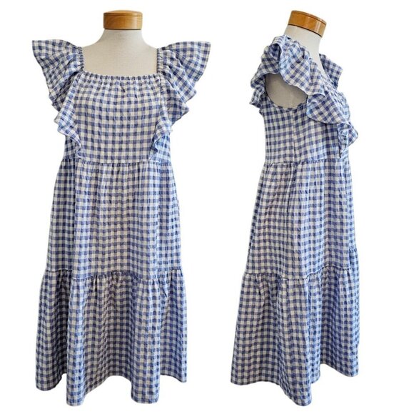 Calista Dresses & Skirts - Calista Tiered Gingham Checked Midi Dress w/Pockets Blue Cottagecore Modest S